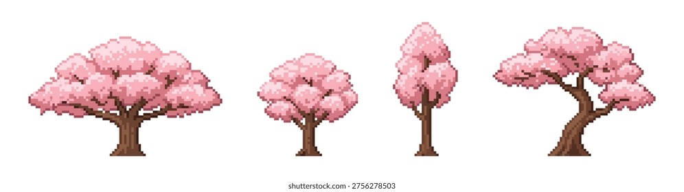 A set of four pink sakura cherry blossom trees in 8-bit pixel art style. High quality vector illustration for games and nature themed designs.