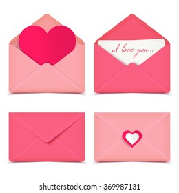 Set of four pink Valentine romantic vector envelopes isolated on white