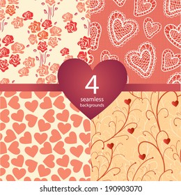 Set of four pink wedding seamless backgrounds. Heart pattern, Vintage Floral Backdrop, lace texture. Good For Web, Print And Wrapping Paper.