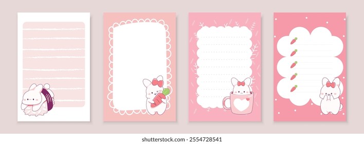 A set of four pink and white bunny-themed stationery designs featuring adorable bunnies with bows, carrots, and various decorative elements. Perfect for notes, letters, and journaling.