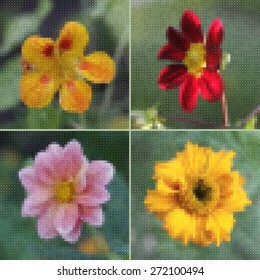Set of four pixel flowers the effect of water droplets