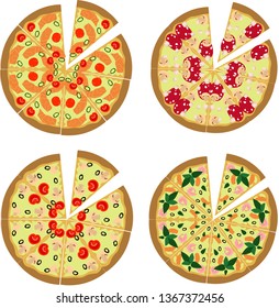 Set of four pizzas with white sauce. Logo for pizzeria.