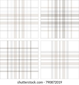 Set of four plaid pattern variations in shades of pastel grey, dusty beige and white. Seamless fabric textures for digital textile printing. 
