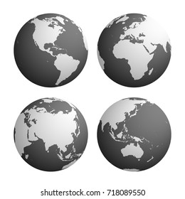 Set of four planet Earth globes with light grey land silhouette map on dark grey water background. 3D Vector illustration.