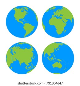 Set of four planet Earth globes with green land silhouette map on blue water background. Simple flat vector illustration.