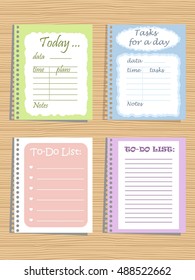 Set of four planners "To-Do List" on a wooden background. Vector illustration. It can be used daily for organising a day 