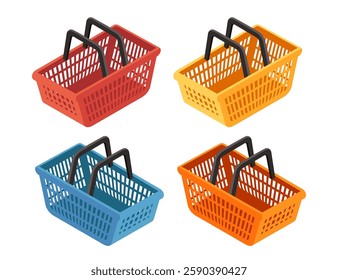 Set of four plastic shopping basket with black handles. Yellow grocery carrier. Blue basket. Orange store basket. Plastic retail carriers. Grocery holders with dual handles. Isometric illustration.