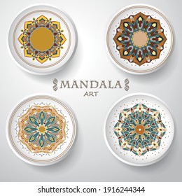 Set of four plates with elegance tribal ornament. Round lace ornament, mandala, for greeting, invitation card, or cover. Ethnic motif. Vector illustration