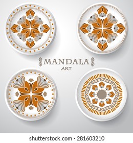 set of four plates with elegance tribal ornament, mandala. Vector illustration