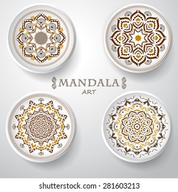 set of four plates with elegance tribal ornament, mandala. Vector illustration