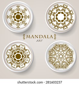 set of four plates with elegance tribal ornament, mandala. Vector illustration