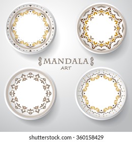 set of four plates with elegance tribal ornament, mandala. Vector illustration