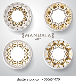 set of four plates with elegance tribal ornament, mandala. Vector illustration