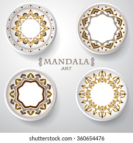 set of four plates with elegance tribal ornament, mandala. Vector illustration