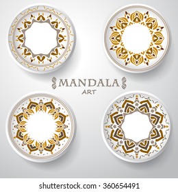 set of four plates with elegance tribal ornament, mandala. Vector illustration