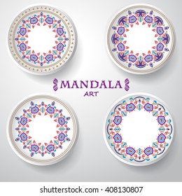 set of four plates with elegance tribal ornament, mandala. Vector illustration