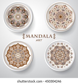 set of four plates with elegance tribal ornament, mandala. Vector illustration