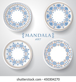 set of four plates with elegance tribal ornament, mandala. Vector illustration