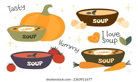 A set of four plates with vegetable soups: pumpkin, mushroom, tomato and carrot. Simple illustration in flat style