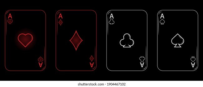 juego de cuatro cartas de juego en diseño negro. rocas de palos, diamantes, espadas y corazones. Ilustración del vector en clave baja