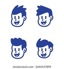 Set of four playful cartoon boy face logos in different hairstyles. Perfect for kid's brand, mascot design, or retro-themed branding. EPS vector included