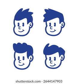 Set of four playful cartoon boy face logos in different hairstyles. Perfect for kid's brand, mascot design, or retro-themed branding. EPS vector included
