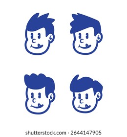 Set of four playful cartoon boy face logos in different hairstyles. Perfect for kid's brand, mascot design, or retro-themed branding. EPS vector included