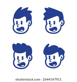 Set of four playful cartoon boy face logos in different hairstyles. Perfect for kid's brand, mascot design, or retro-themed branding. EPS vector included