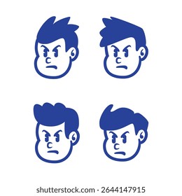 Set of four playful cartoon boy face logos in different hairstyles. Perfect for kid's brand, mascot design, or retro-themed branding. EPS vector included
