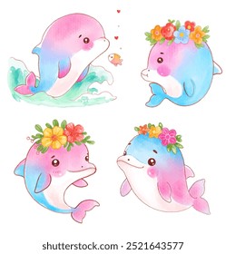 Set of four playful dolphins in watercolor, adorned with floral crowns and heart bubbles.