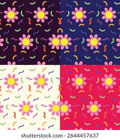 Set of Four Playful Seamless Patterns Featuring Stylized Pink Flowers and Colorful Abstract Squiggle Accents on Varying Backgrounds