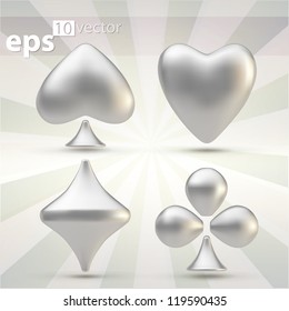 Set of four playing card suit sign chrome metal emblem icons, high quality eps10 mesh vector