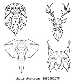 Set of four polygonal abstract animals, lion, elephant, deer and lynx. Vector illustration