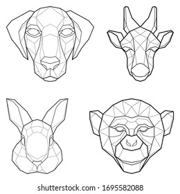 Set of four polygonal abstract animals, dog, giraffe, monkey and rabbit. Vector illustration