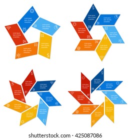 Set of four polygonal infographic diagrams with 5, 6, 7, 8 options. Isolated paper sequence banners for tutorial. EPS10 progress steps templates.