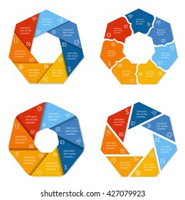 Set of four polygonal infographic diagrams with 7 options. Isolated paper sequence banners for tutorial. EPS10 progress steps templates.