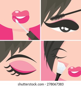 A set of four pop art about applying makeup or cosmetics vector illustration.