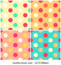 Set of four, pop, retro style, colorful polka dot seamless patterns. Cute, bright, soft, colors.