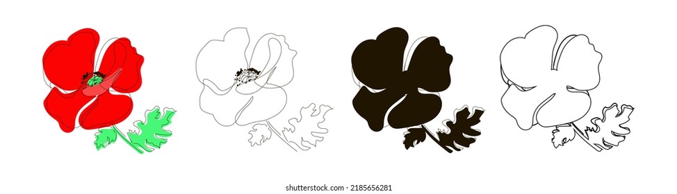 Set of four poppy illustrations in line, doodle, black silhouette, and outline styles. Flowering poppy with seeds. Summer Flower. Vector illustration, isolated on white background