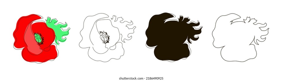 Set of four poppy illustrations in line, doodle, black silhouette, and outline styles. Flowering poppy with seeds. Summer Flower. Vector illustration, isolated on white background