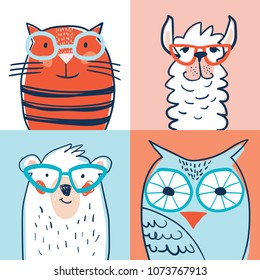 A set of four portraits of animals with glasses: cat, bear, llama, owls, hand-drawn in a minimalist Scandinavian style on different color backgrounds.