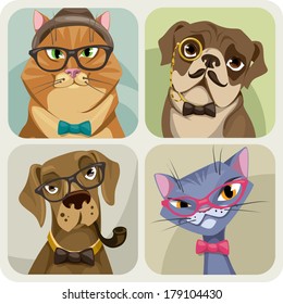 Set of four portraits of dogs and cats wearing hipster accessories