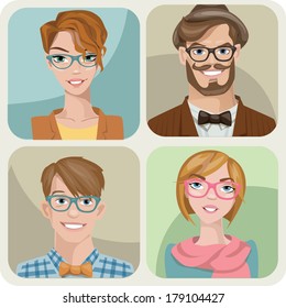 Set of four portraits of hipsters, two men and two women 