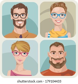 Set of four portraits of hipsters, two men and two women 