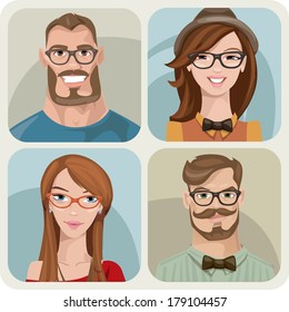 Set of four portraits of hipsters, two men and two women 