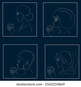 Set of Four Portraits: Indian, African American, African, and Asian Women Drinking Tea in Frame