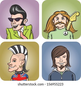 Set of four portraits of rock musicians of various styles. Easy-edit layered vector EPS10 file scalable to any size without quality loss. High resolution raster JPG file is included. 