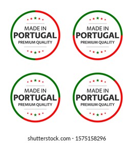 Set of four Portuguese icons, English title Made in Portugal, premium quality stickers and symbols, internation labels with stars, simple vector illustration isolated on white background