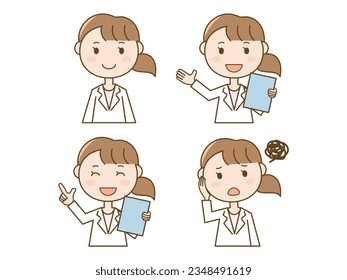 Set of four poses of a woman in a white coat nurse in distress holding a chart and explaining_guiding