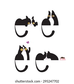 Set of four positions of the black and white cat.
Sitting, sleeping, playing and hunting. 
